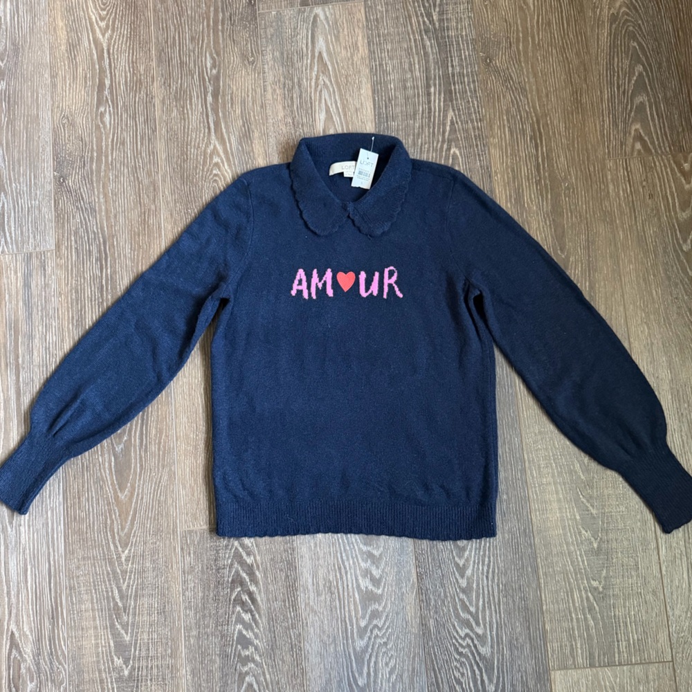 LOFT AMOUR Navy Sweater Small NWT Heart Graphic Pullover